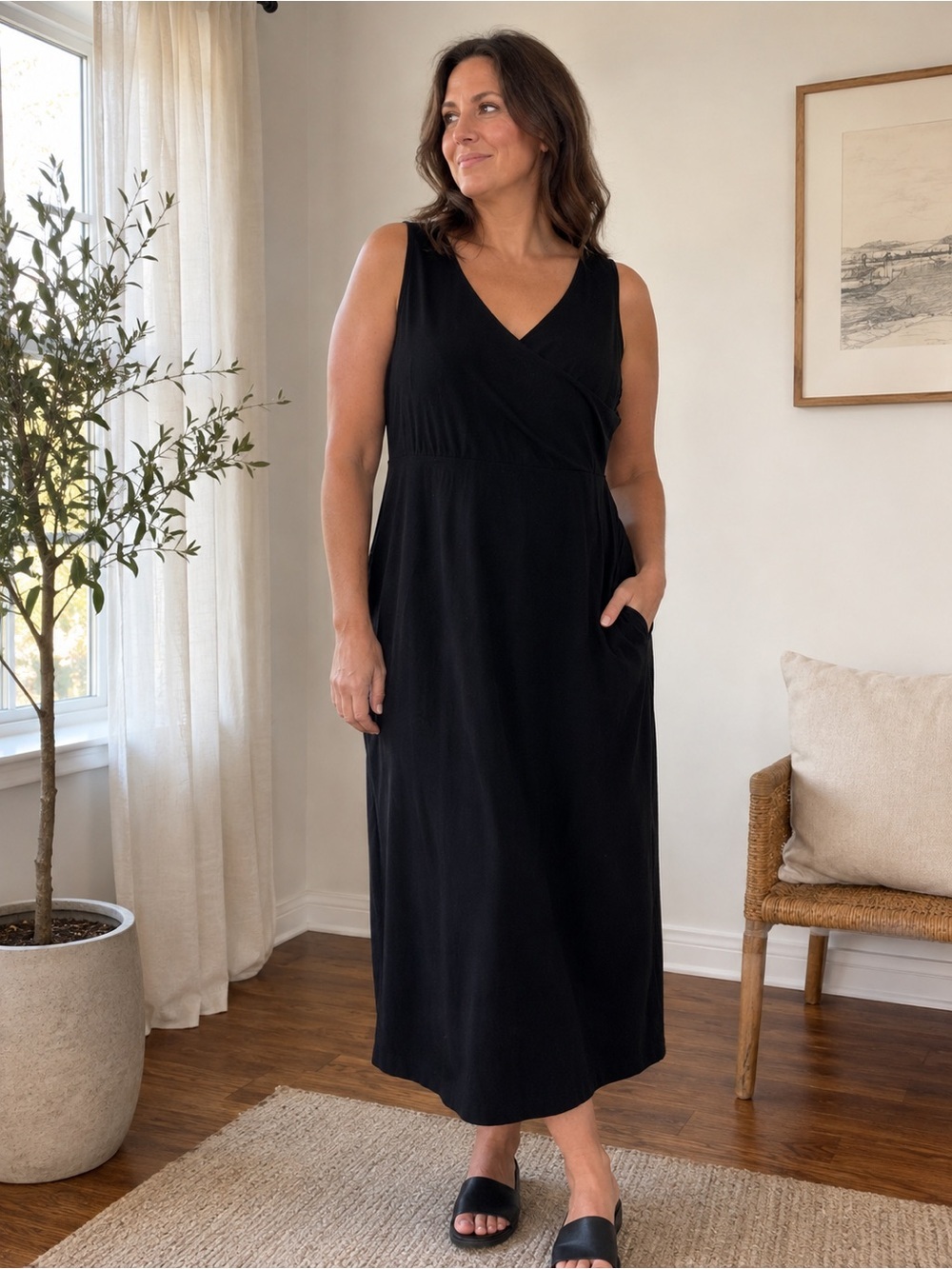 Eileen Fisher Black Viscose Sleeveless V-Neck Wrap Midi Dress-L